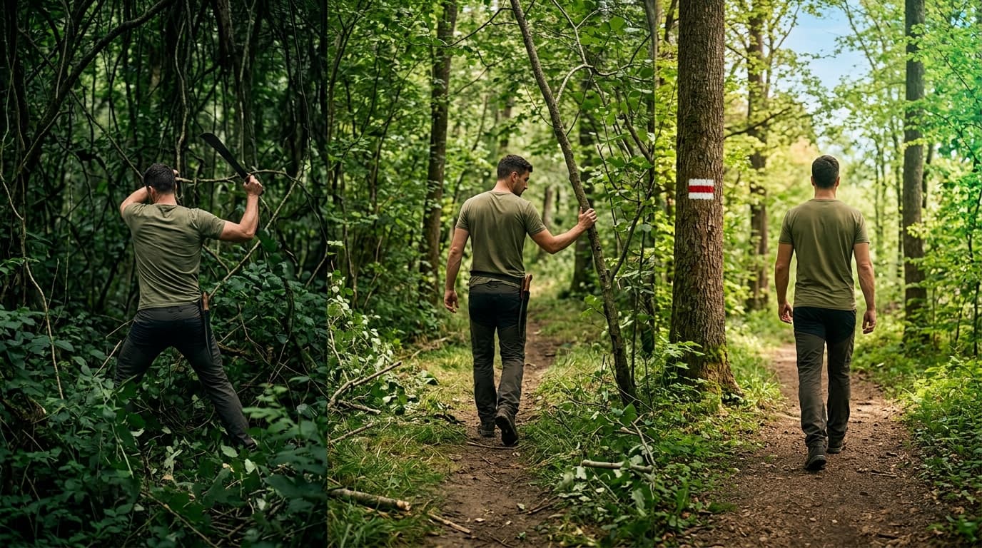 Derselbe Mann in drei Stadien: Er schlägt sich mit der Machete durch dichten Wald, geht dann einen schmalen Trampelpfad und schliesslich selbstverständlich einen markierten Wanderweg – so verändert Wiederholung dein Gehirn.